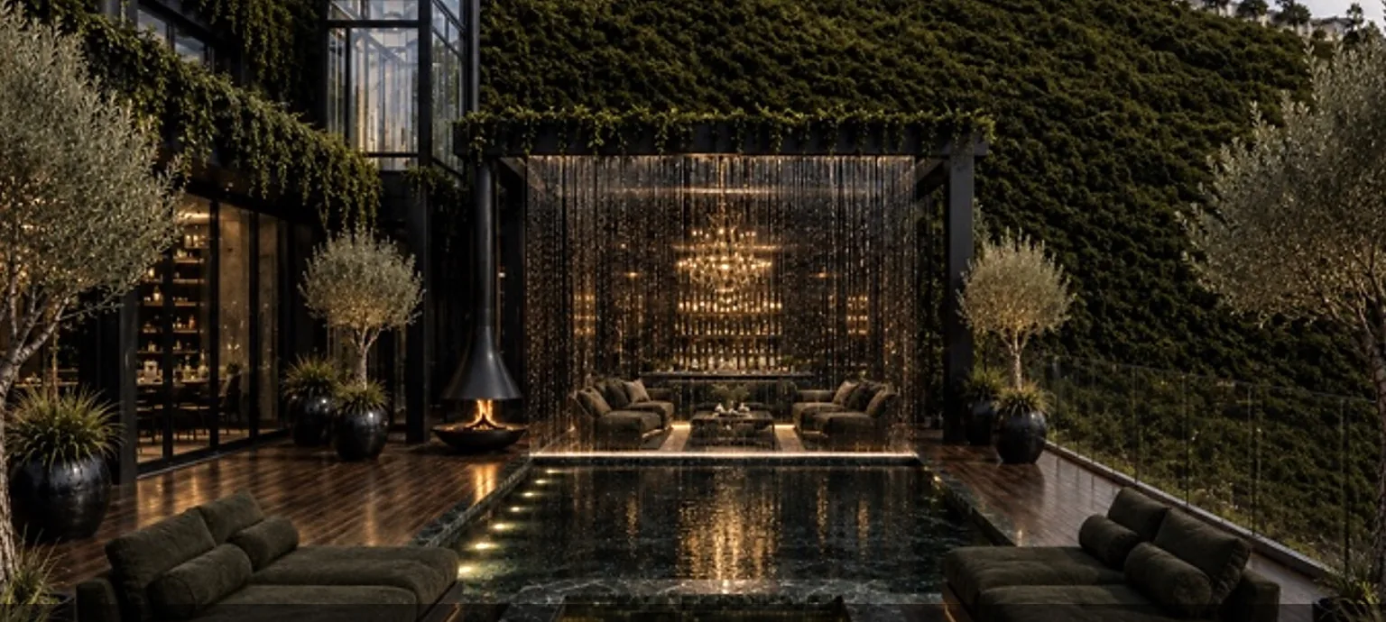 TENEBRE residence with pool, fire and dark sculptural furniture