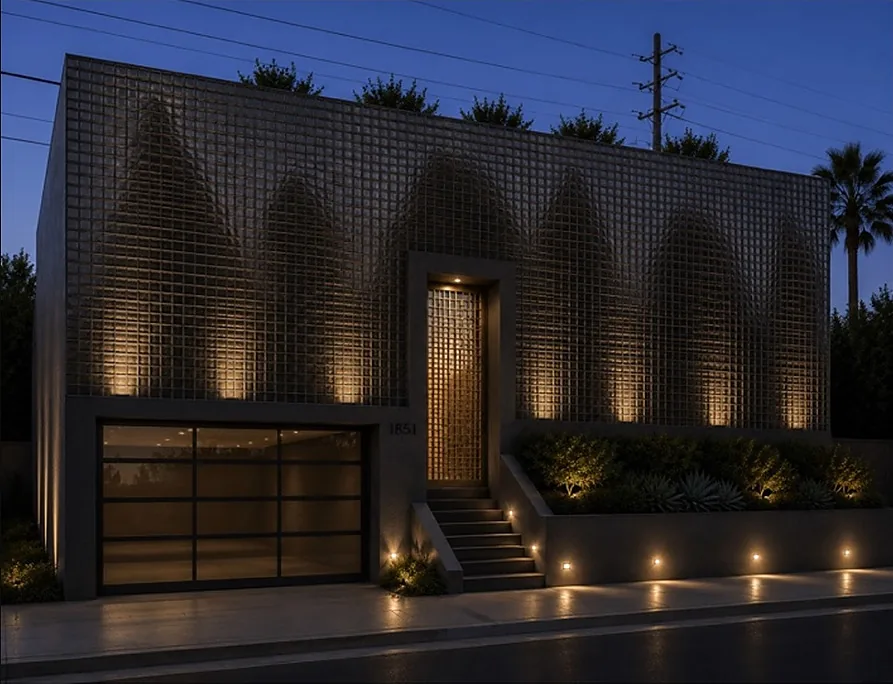 The Tenebre House exterior at blue hour